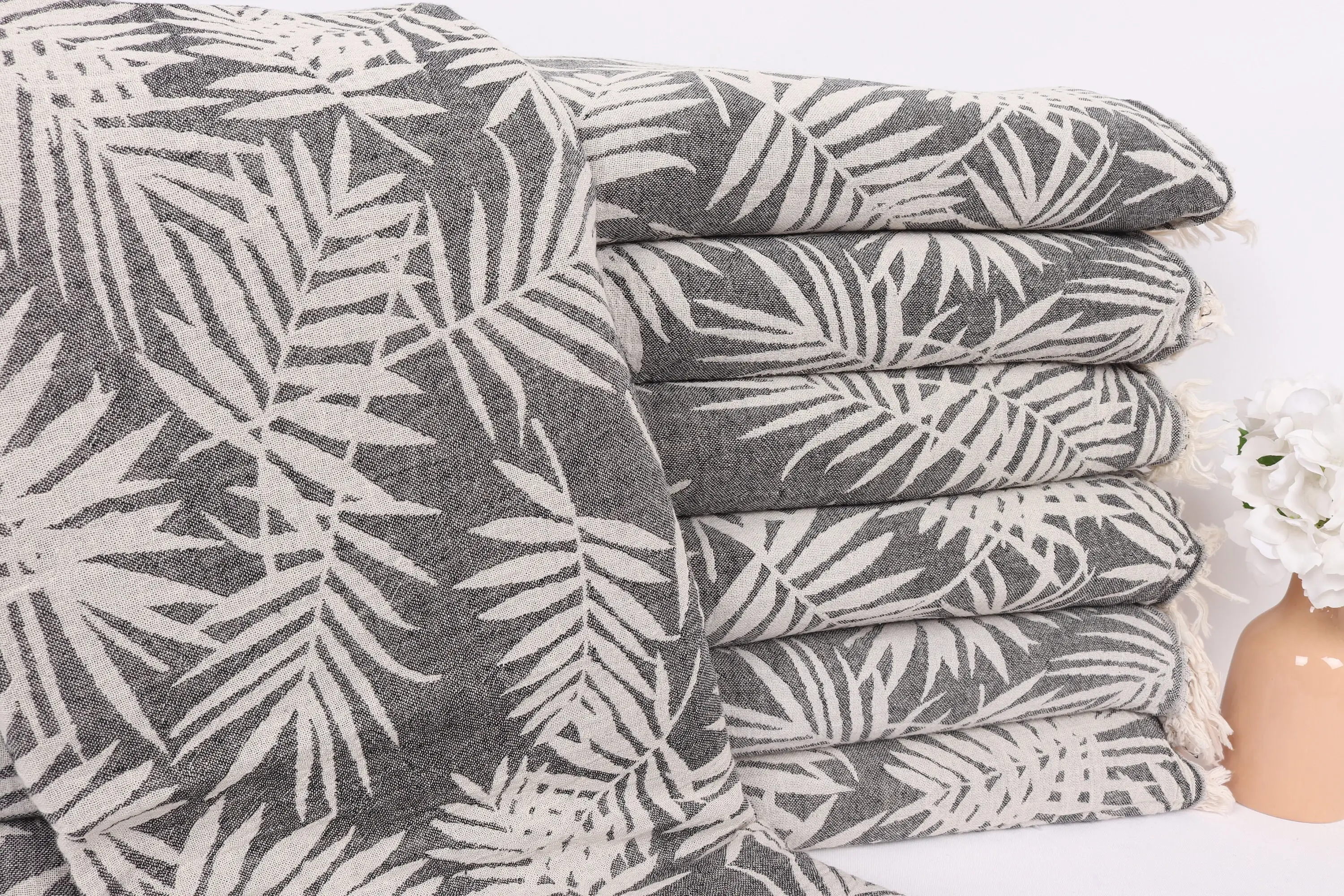 79x99 Black Cotton Throw, Beige, Plaid Pattern, Large Single, Recycled Organic Cotton - 1