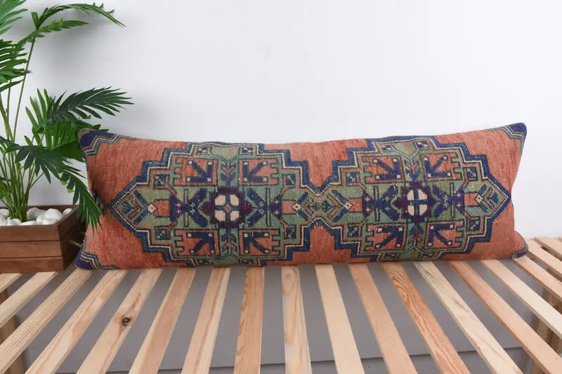 Pillow Case, Turkish Pillow, 16x48 Red Cushion, Toss Cushion Case, Vintage Kilim Pillow, Boho Pillow, Knitted Pillow, Retro Throw Pillow Cover - 1