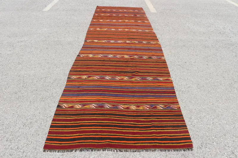 Kilim Vintage Rug, 4x13.5 ft Turkish Rug, Red Southwestern Wool Rug - 1