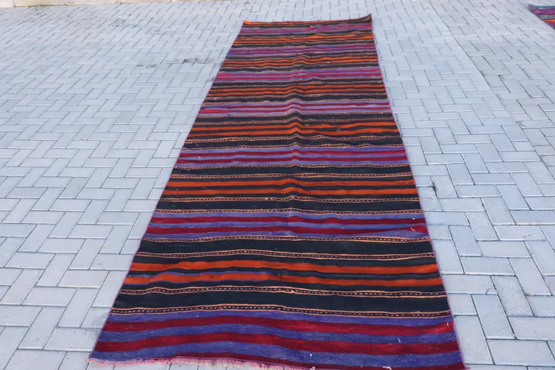 Turkish 4.4x12.9 ft Rug, Runner Vintage Rug, Blue Plants & trees Wool Rug - 1