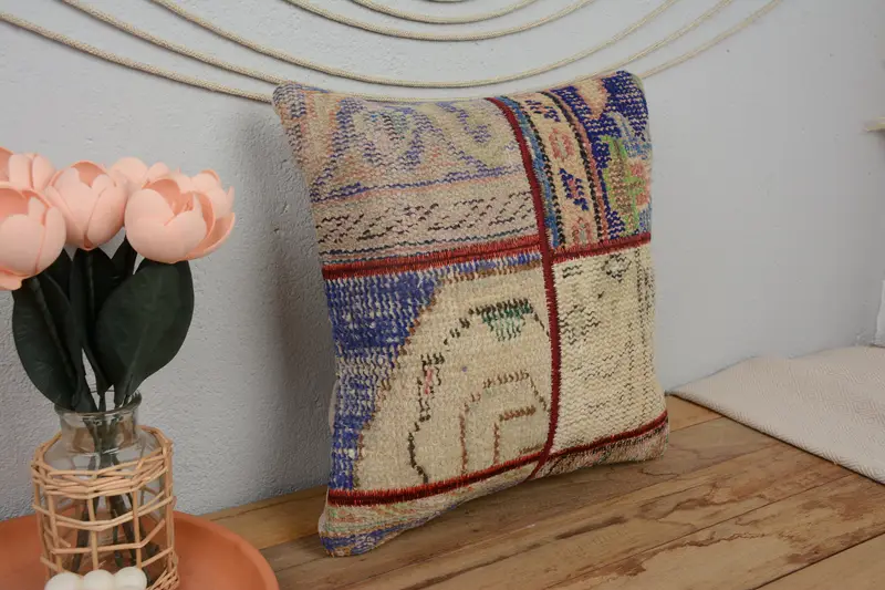 Ethnical Kilim Rug Pillow, Patio Pillow Sham, Turkish Pillow, 16x16 Blue Pillow Case, Handmade Kilim Cushion, Cushion - 1