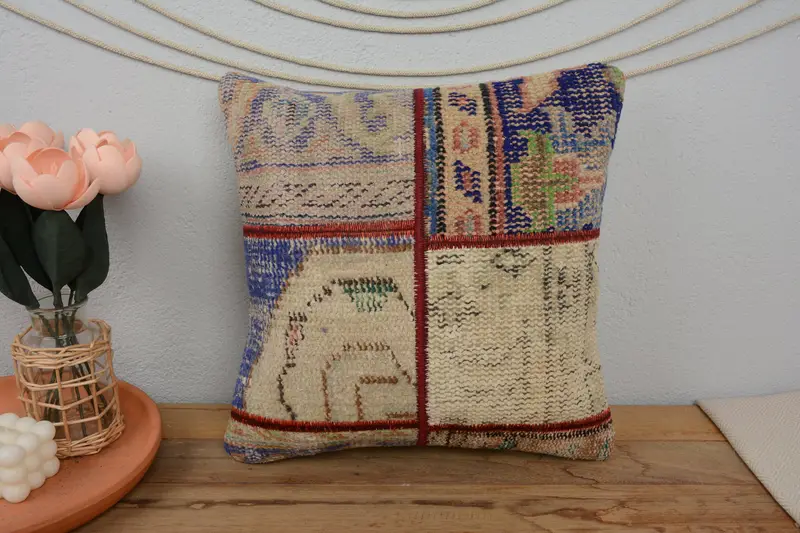 Ethnical Kilim Rug Pillow, Patio Pillow Sham, Turkish Pillow, 16x16 Blue Pillow Case, Handmade Kilim Cushion, Cushion - 2