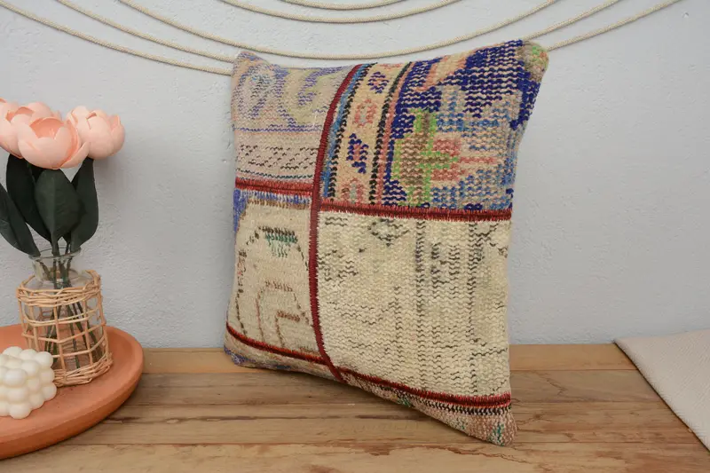 Ethnical Kilim Rug Pillow, Patio Pillow Sham, Turkish Pillow, 16x16 Blue Pillow Case, Handmade Kilim Cushion, Cushion - 4