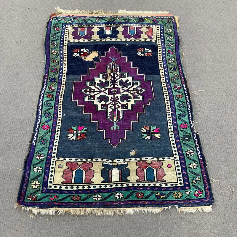 Alfombra de patchwork morada y verde, decoración elegante de 3,3 x 5 pies