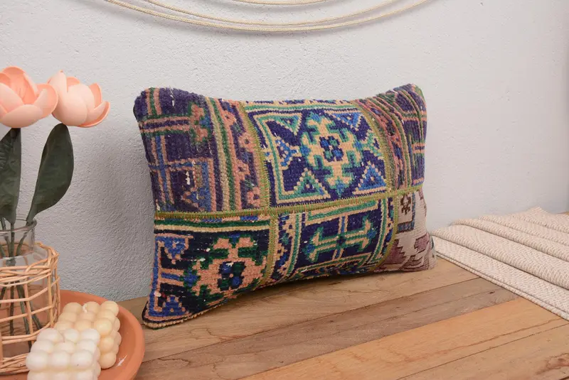 Handgefertigtes Patchwork-Wurfkissen in Grün und Beige, 12 x 20 Vintage-Kissen