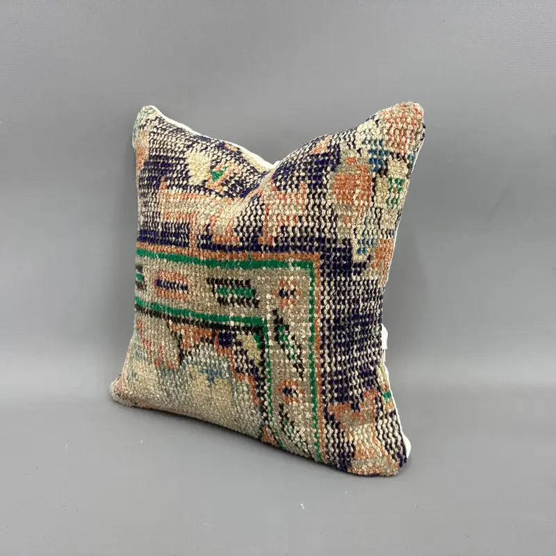 Vintage Pillow, Turkish Kilim Pillow, Accent Pillow Case, Pillow Sham, 12x12 Blue Cushion Cover, Throw Kilim Pillow, Ethnic Throw Pillow Cover - 3