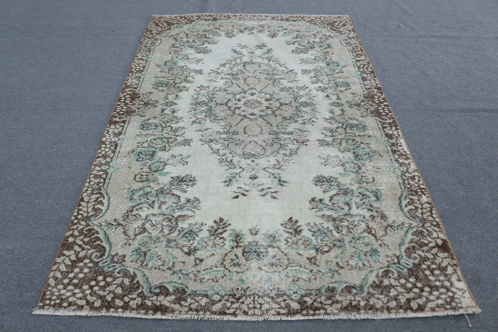 Türk Büyük Halı 5x8,2 ft, Kahverengi Mavi Oryantal Halı Yün - 1