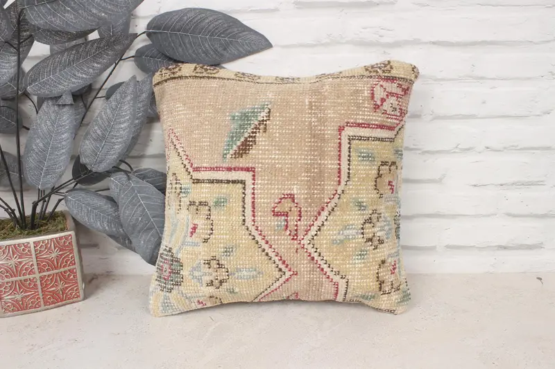 Cushion Case, Antique Pillows, Kilim Cushion Sham, Throw Kilim Pillow, Morroccon Kilim Cushion Pillow, 14x14 Beige Pillow Sham, Indoor Cushion Case - 1