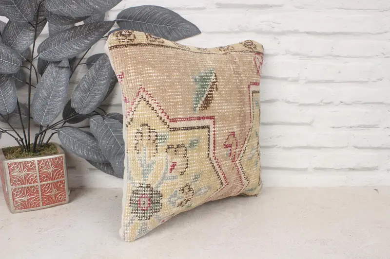 Cushion Case, Antique Pillows, Kilim Cushion Sham, Throw Kilim Pillow, Morroccon Kilim Cushion Pillow, 14x14 Beige Pillow Sham, Indoor Cushion Case - 3