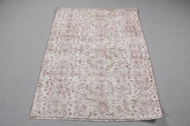 Türk Oushak Halısı 3,6x4,9 ft (109x149 cm), Beyaz Katı Vintage Halı - 1