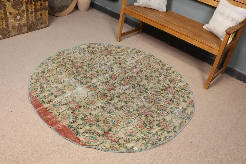 Brauner, grüner Patchwork-Teppich, 4,9 x 4,9 Fuß, schickes Dekor