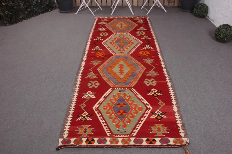 Handmade Red Rug, 3,3x8,9 ft with Green Accents