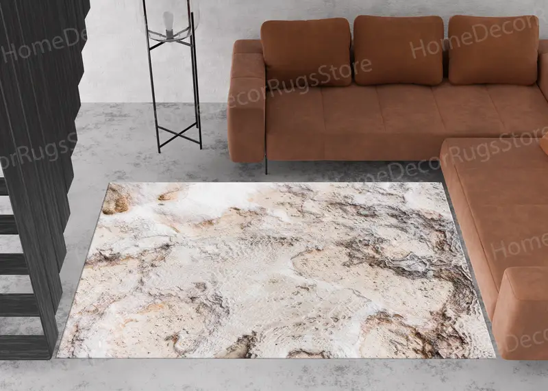 Bedruckter Teppich in Beige mit Naturlandschaft: Zeitgenössische Bauernhausstruktur