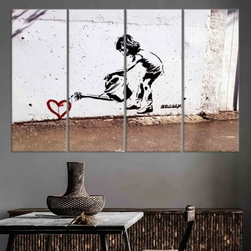 Banksy Children Water, Love Heart Graffiti, Banksy Girl Canvas, Wall Decor, Canvas Wall Art, Banksy Love, Banksy Heart, Graffiti Wall Art, - 4