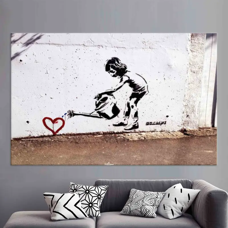 Banksy Children Water, Love Heart Graffiti, Banksy Girl Canvas, Wall Decor, Canvas Wall Art, Banksy Love, Banksy Heart, Graffiti Wall Art, - 1