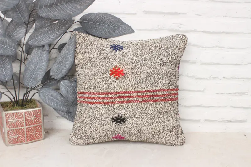 Cushion, Cozy Throw Pillow Case, Boho Pillow, 14x14 Brown Cushion, Kilim Cushion Sham, Vintage Kilim Throw Pillow, Neutral Throw Cushion Case - 1