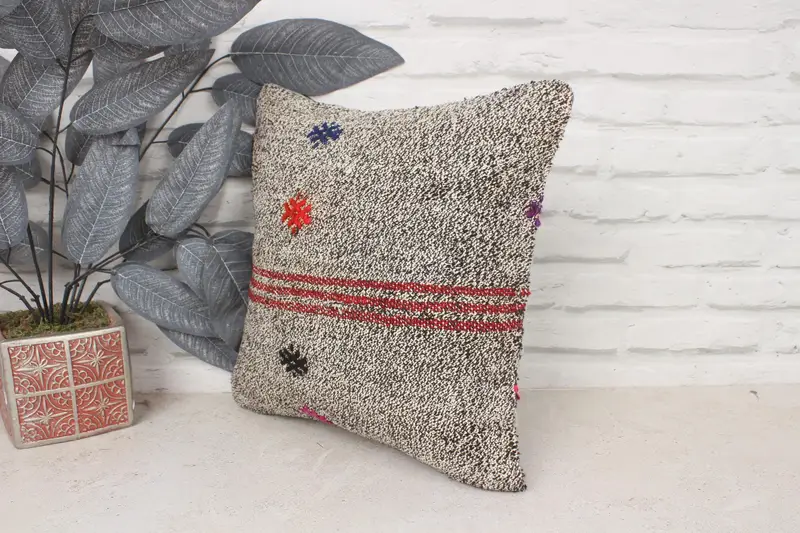 Cushion, Cozy Throw Pillow Case, Boho Pillow, 14x14 Brown Cushion, Kilim Cushion Sham, Vintage Kilim Throw Pillow, Neutral Throw Cushion Case - 4