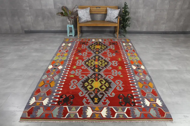 Vintage Türk Halısı, 6.7x10.6 ft Kilim Halı, Kırmızı Çiçekli Yün Halı - 1