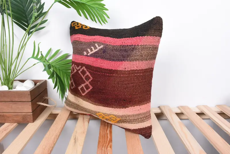 Vintage Kilim Pillow, Lounge Throw Pillow, Pillow Cover, 16x16 Brown Pillow, Antique Pillows, Turkish Kilim Pillow, Rustic Cushion, Bright Pillow - 5