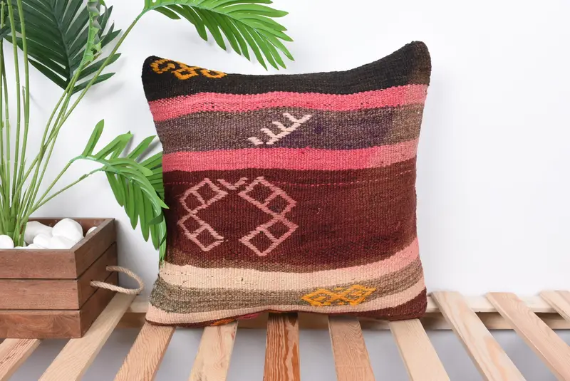 Vintage Kilim Pillow, Lounge Throw Pillow, Pillow Cover, 16x16 Brown Pillow, Antique Pillows, Turkish Kilim Pillow, Rustic Cushion, Bright Pillow - 1