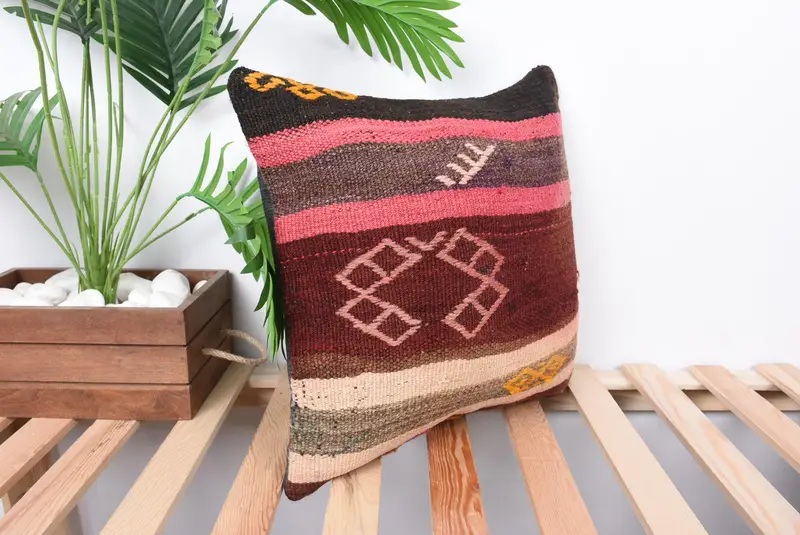 Vintage Kilim Pillow, Lounge Throw Pillow, Pillow Cover, 16x16 Brown Pillow, Antique Pillows, Turkish Kilim Pillow, Rustic Cushion, Bright Pillow - 4