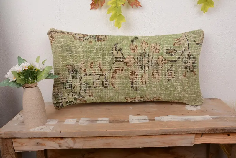 Green Linen Throw Pillow with Floral Pattern, 12x24 Vintage Decor