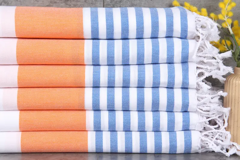 Bridesmaid Gifts Turkish Towel Sax Blue-Orange Striped, 40x71 Inches