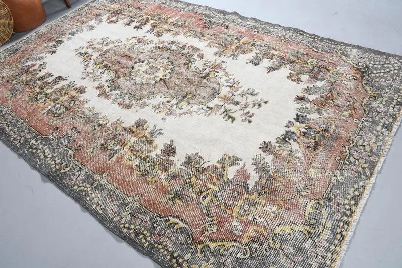 Türk Büyük Halı 6.3x9.6 ft (191x293 cm), Oushak Kahverengi Çiçekli Vintage Halı - 1