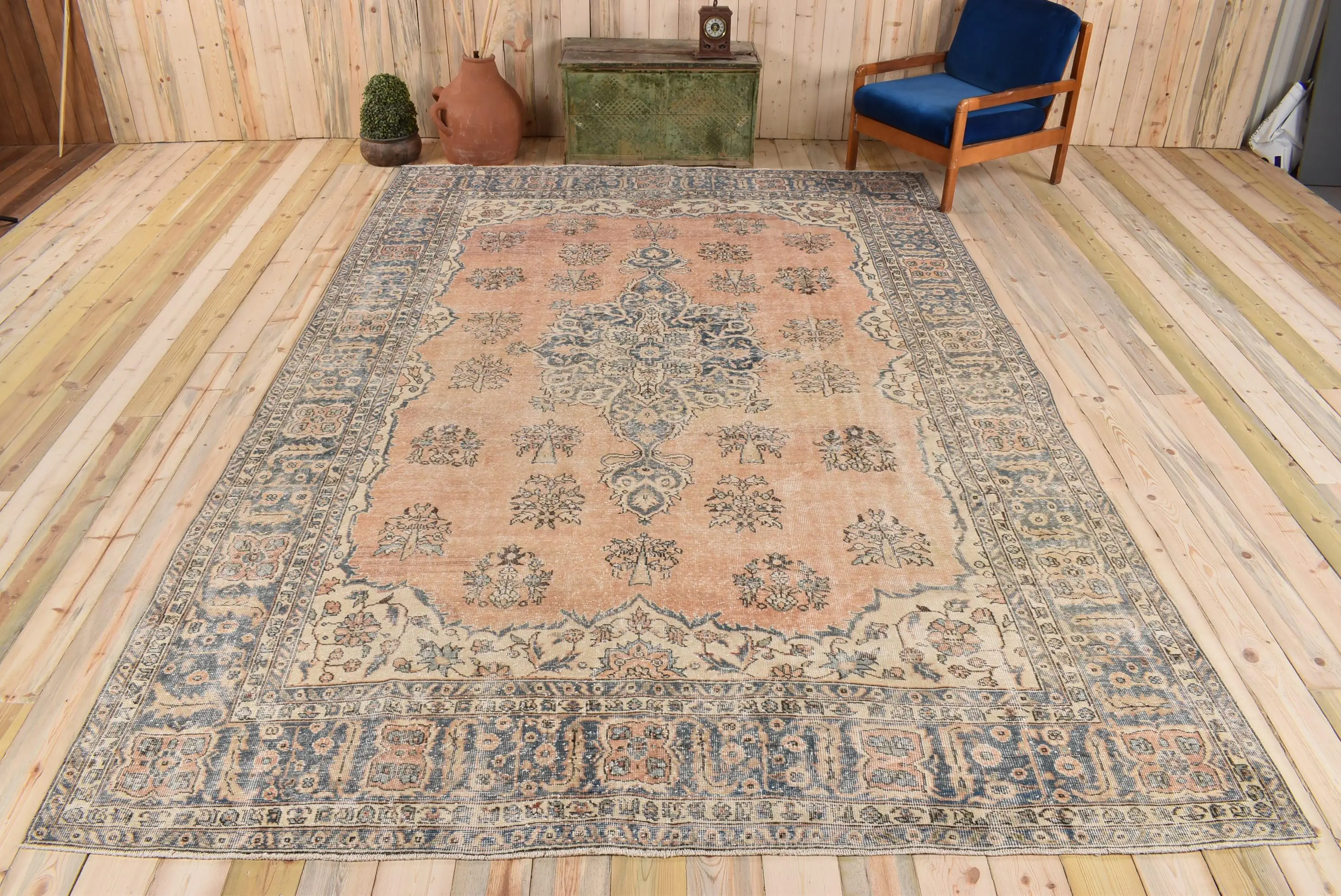Turkish Rug, Oversize 8.2x12.2 ft Vintage Rug, Blue Floral Wool Rug - 1