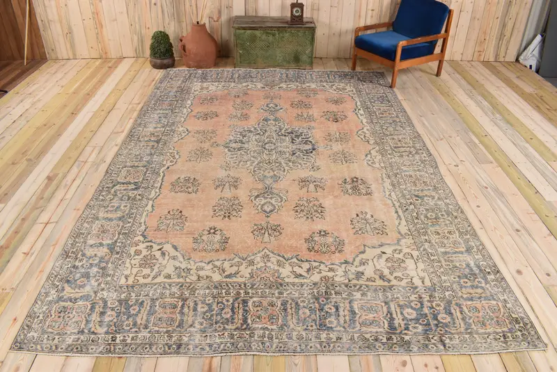 鮮やかなオレンジとブルーのラグ、8.2x12.2フィートの花柄と幾何学模様