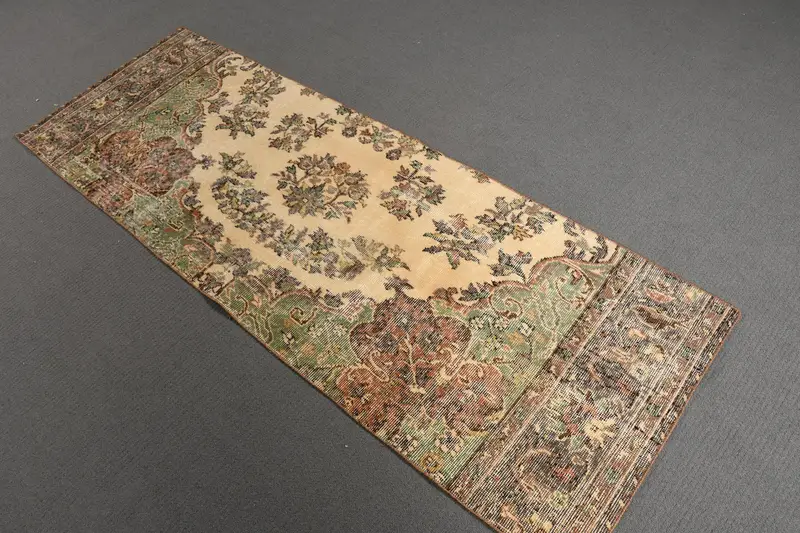 2.4x6.8 ft Runner Turkish Vintage Rug, Brown Floral Wool Rug - 1
