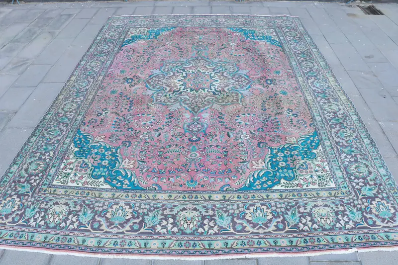 Turkish Oushak Rug 9.7x12.4 ft, Blue Pink Ombré Wool Vintage Rug - 1