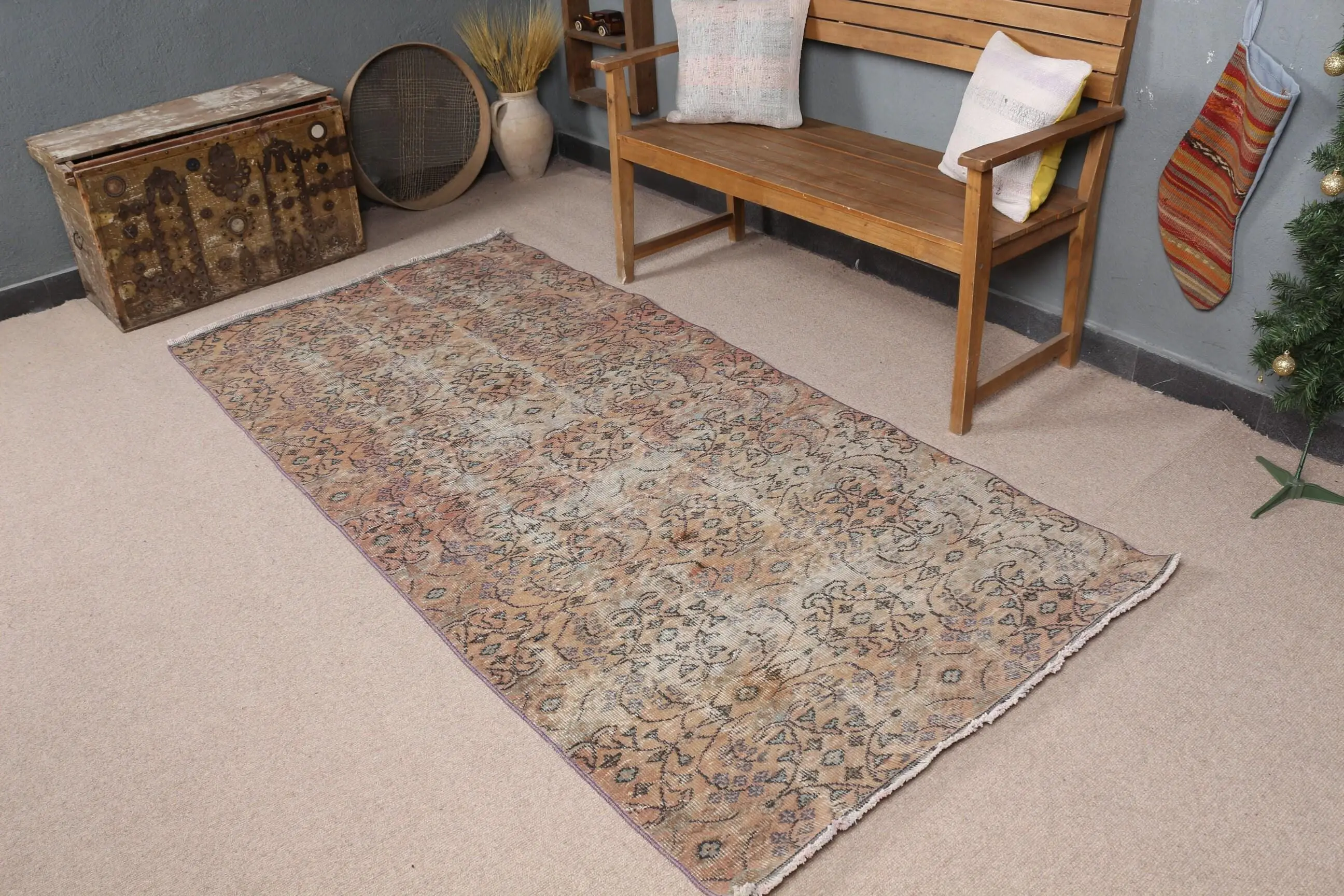 3.7x7.8 ft Türk Halısı, Vintage Alan Halısı, Kahverengi Gri Puantiyeli Halı - 1