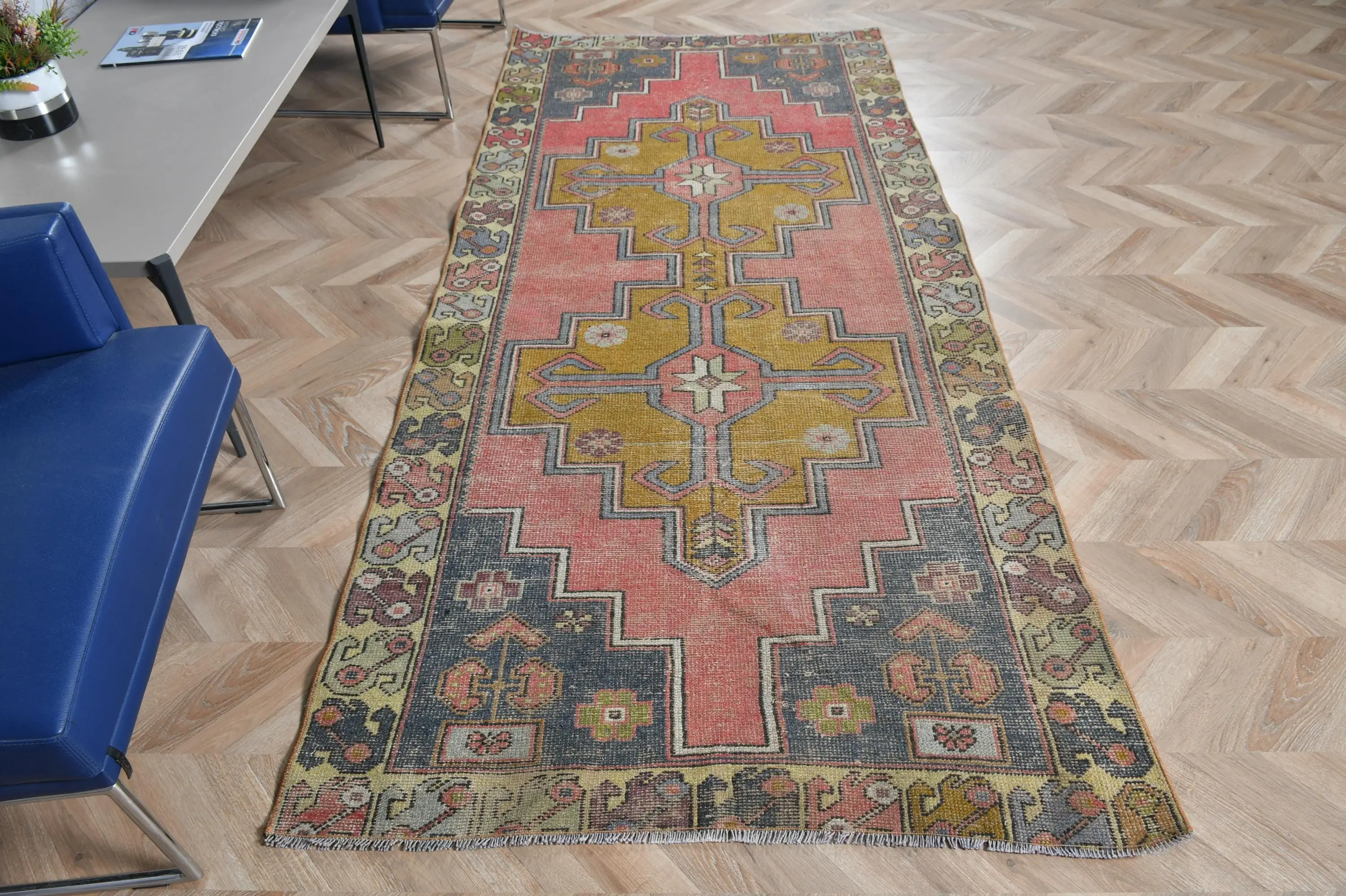 Vintage Turkish Rug 3.8x8.6 ft (116x262 cm), Red Floral Wool Rug - 1