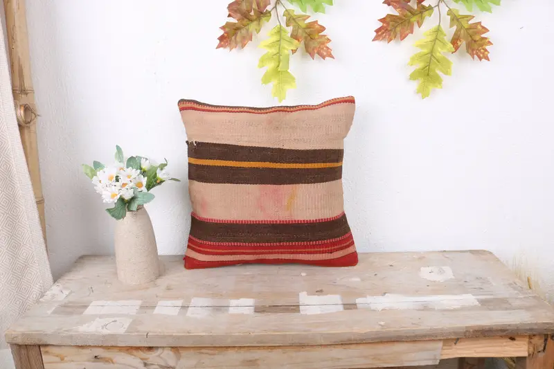 Gift Pillow, Boho Pillow Sham Cover, Kilim Pillow Cover, Cushion, Living Room Throw Cushion Case, 12x12 Beige Pillow Cover - 1