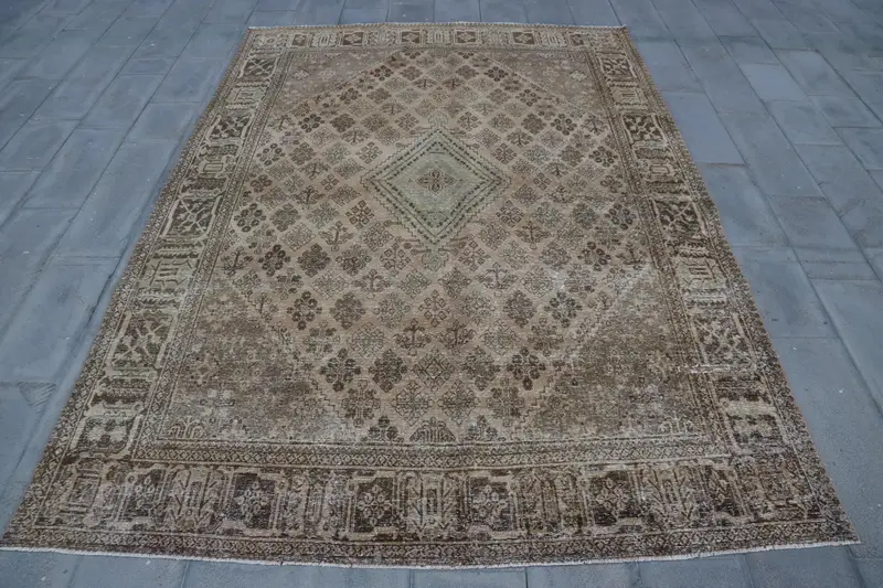 Vintage Oversize Rug 7.8x11 ft, Brown Gray Floral Rug Wool - 1