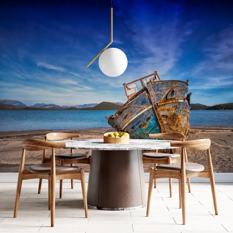 Sonderanfertigung von Handlungen, Handlungenschalen und Stock, altes Boot am Strandwandkunst, 3D -Handpapier, Landschaftswandkunst, Wanddruck ansehen, - 2