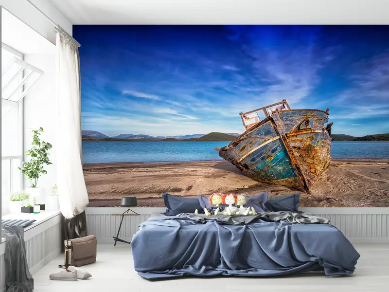 Sonderanfertigung von Handlungen, Handlungenschalen und Stock, altes Boot am Strandwandkunst, 3D -Handpapier, Landschaftswandkunst, Wanddruck ansehen, - 4