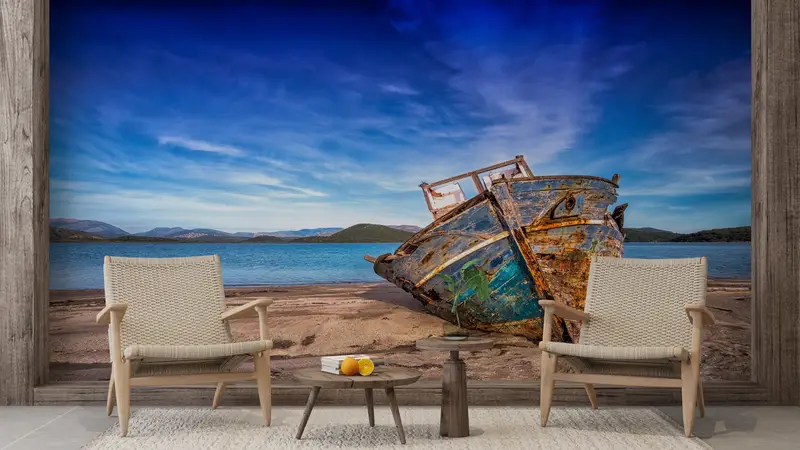 Sonderanfertigung von Handlungen, Handlungenschalen und Stock, altes Boot am Strandwandkunst, 3D -Handpapier, Landschaftswandkunst, Wanddruck ansehen, - 8