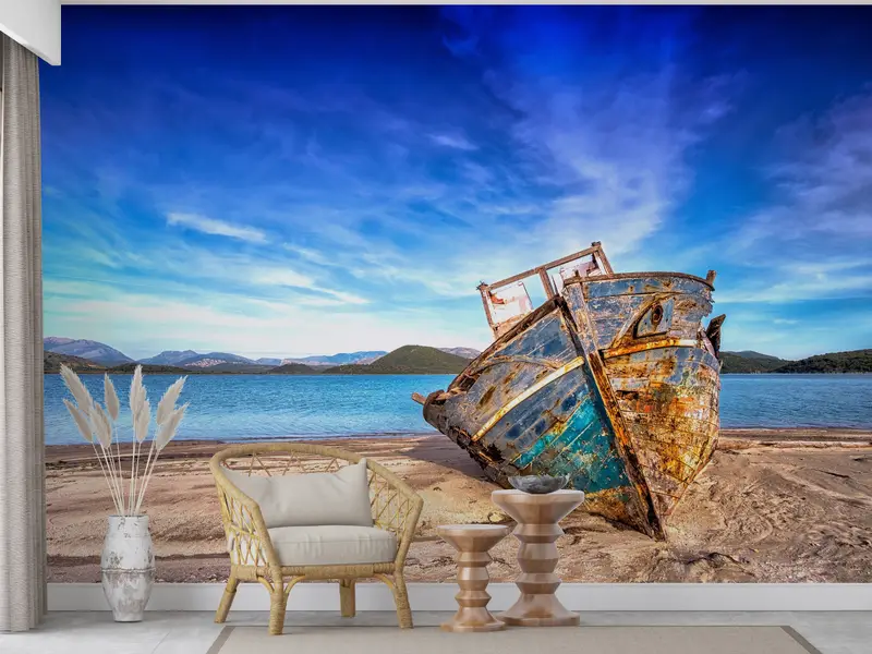 Sonderanfertigung von Handlungen, Handlungenschalen und Stock, altes Boot am Strandwandkunst, 3D -Handpapier, Landschaftswandkunst, Wanddruck ansehen, - 1