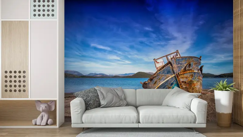 Sonderanfertigung von Handlungen, Handlungenschalen und Stock, altes Boot am Strandwandkunst, 3D -Handpapier, Landschaftswandkunst, Wanddruck ansehen, - 3