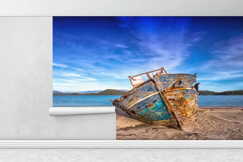 Sonderanfertigung von Handlungen, Handlungenschalen und Stock, altes Boot am Strandwandkunst, 3D -Handpapier, Landschaftswandkunst, Wanddruck ansehen, - 7