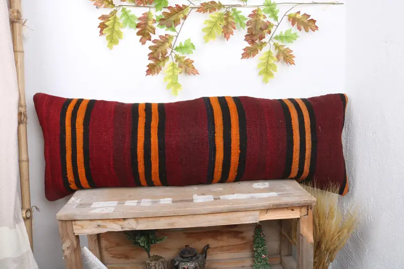 Kilim Pillow Cover, Tribal Cushion Case, Pillow for Sofa, 16x48 Red Cushion, Pillow for Couch, Hippie Throw Pillow, Pillow Sham - 1