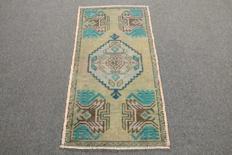 Turkish Vintage Rug 1.6x3.1 ft, Blue Oushak Oriental Rug - 1