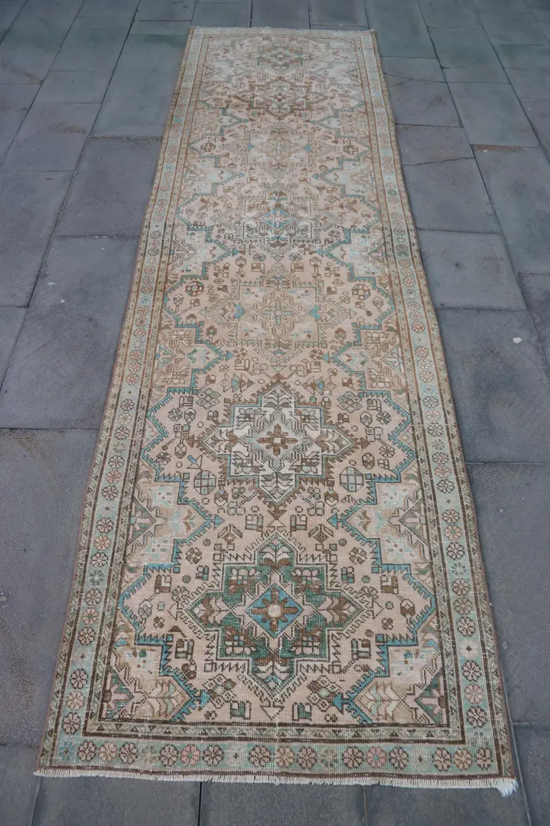 Turkish 3.1x10.6 ft Rug, Vintage Runner Rug, Blue Oriental Rug - 1