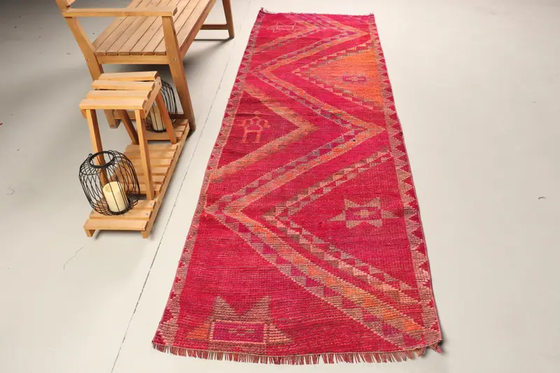 Vintage Halı, 3.2x9.5 ft Runner Halı, Kırmızı Turuncu Herki Yün Halı - 1