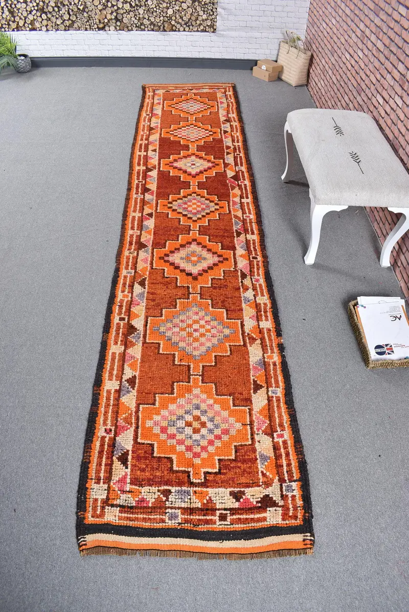 2.6x12.5 ft Runner Turkish Rug, Vintage Rug, Orange Brown Abstract Wool Rug - 1
