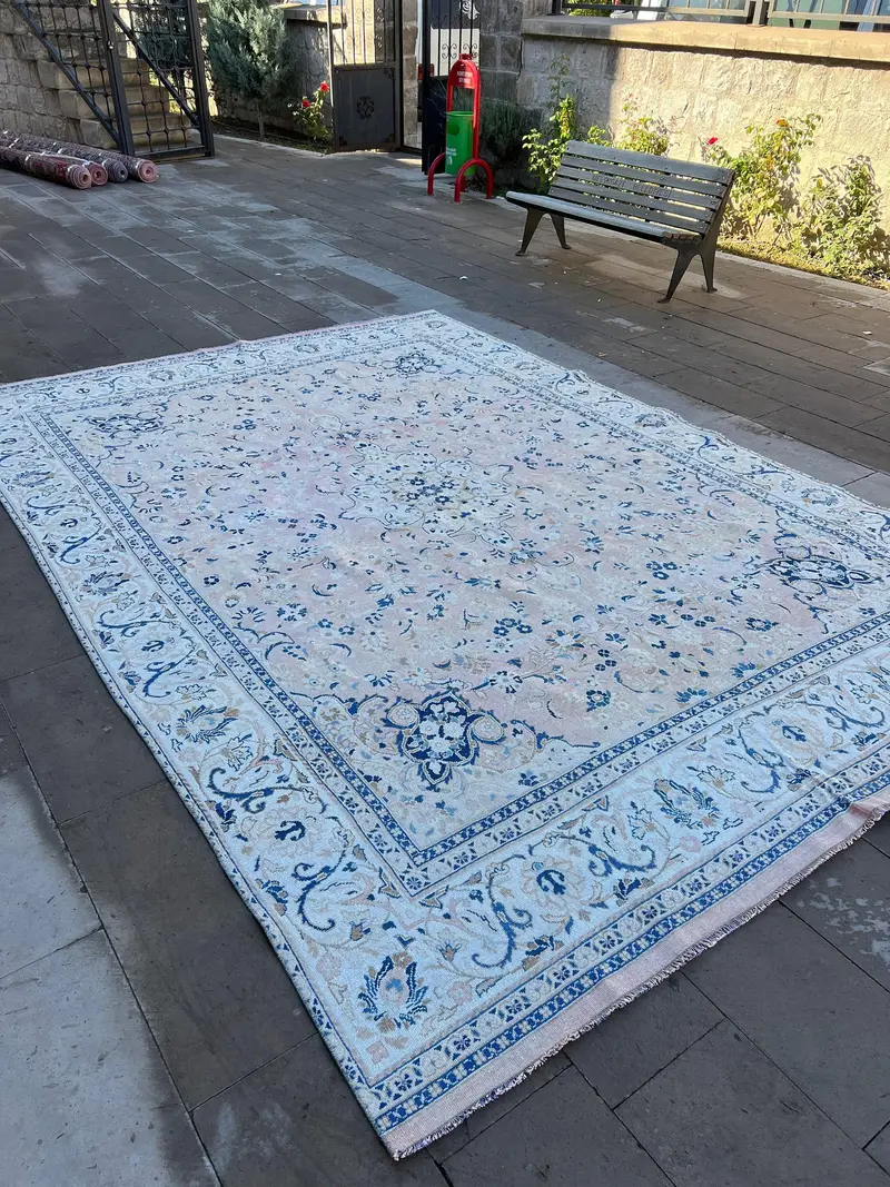9.2x13.1 ft Vintage Oushak Halı, Türk Halısı, Mavi Bitkiler ve ağaçlar Yün Halı - 1