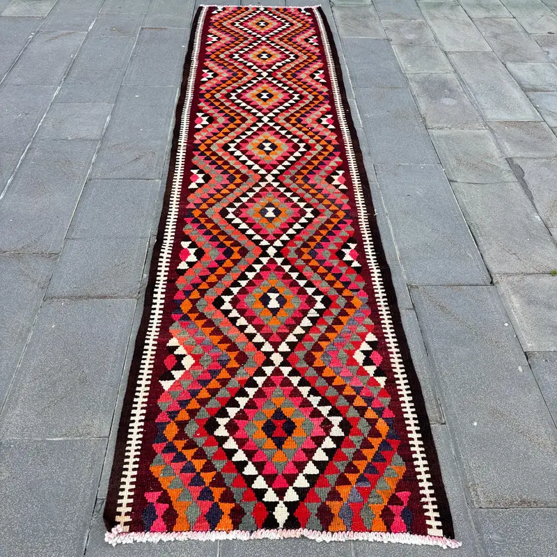 Mor Fas Halısı, Turuncu Desenli 2,8x11,3 ft