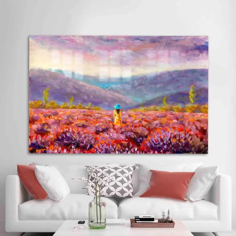 Vidrio impreso elegante: Mujer abstracta en un paisaje primaveral